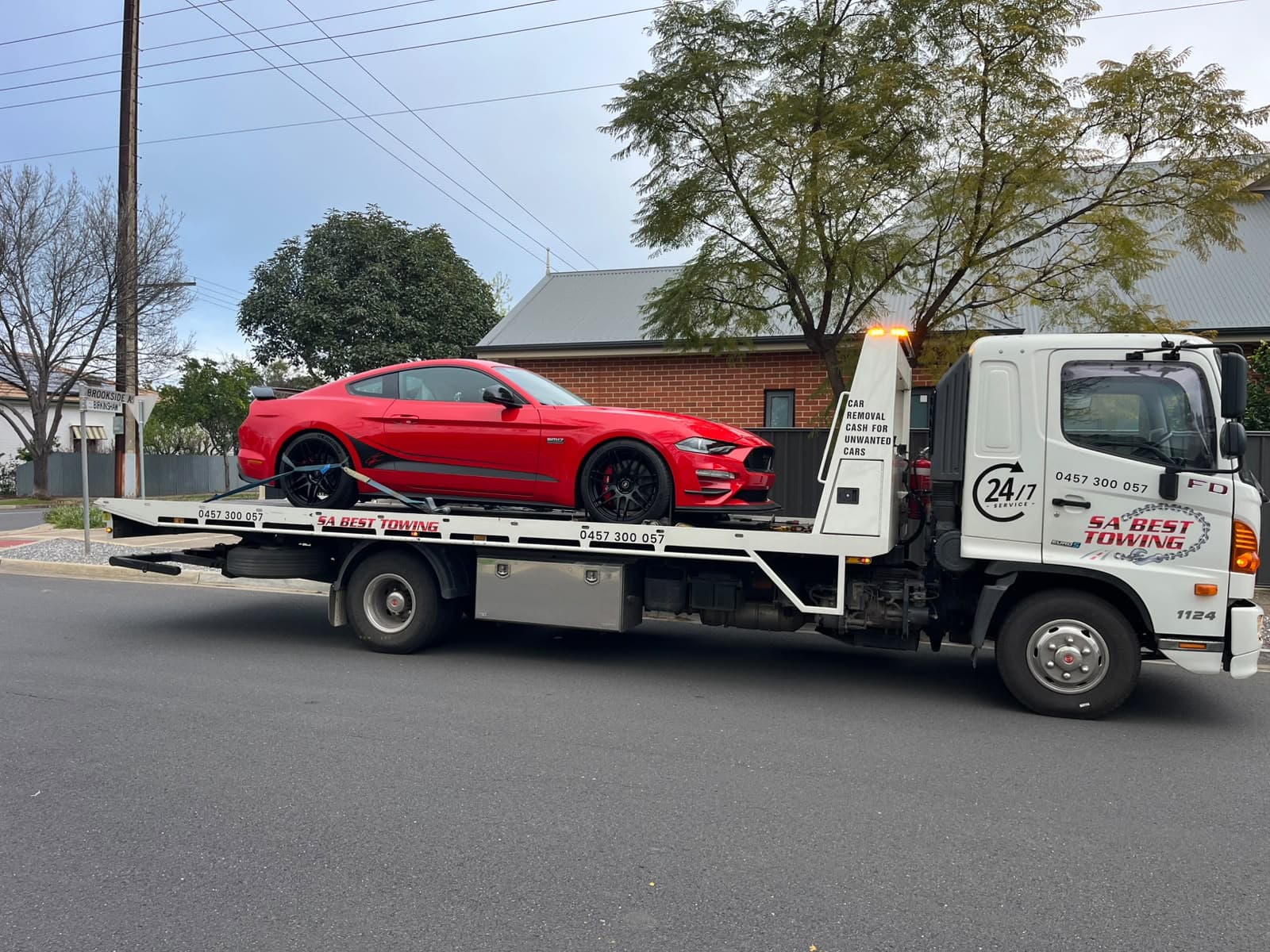 Red Ford Mustang GT on the SA Best Towing tilt tray